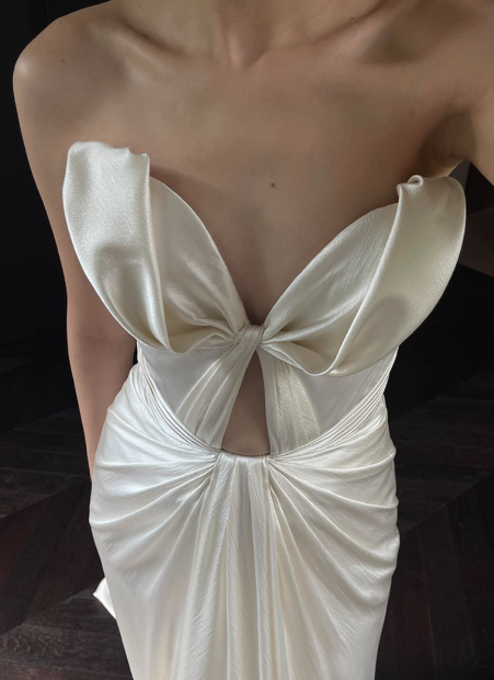 Designer French off-shoulder heart-shaped neckline white satin mermaid wedding gown with train P2682