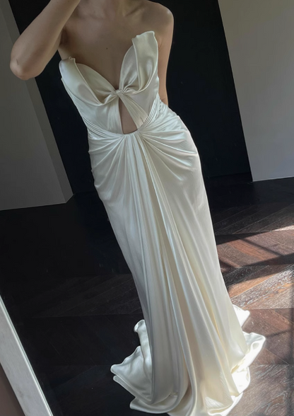 Designer French off-shoulder heart-shaped neckline white satin mermaid wedding gown with train P2682