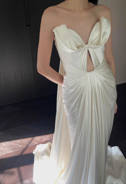 Designer French off-shoulder heart-shaped neckline white satin mermaid wedding gown with train P2682