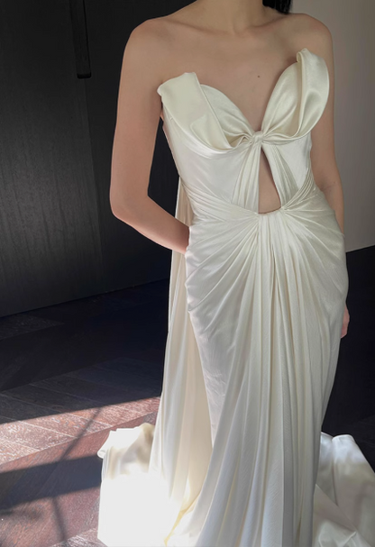 Designer French off-shoulder heart-shaped neckline white satin mermaid wedding gown with train P2682
