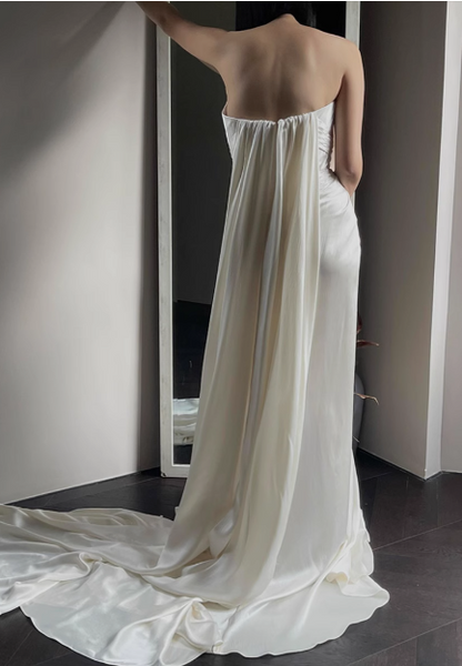 Designer French off-shoulder heart-shaped neckline white satin mermaid wedding gown with train P2682