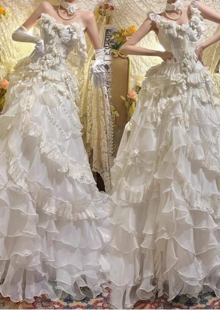 French heavy-duty dreamy princess off-shoulder A-line tiered wedding dress P2684