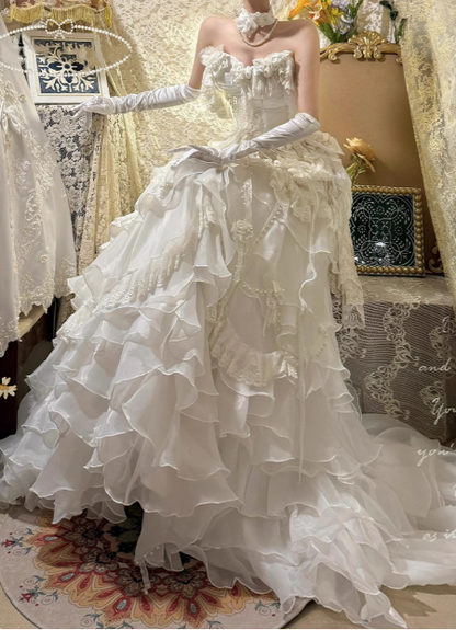 French heavy-duty dreamy princess off-shoulder A-line tiered wedding dress P2684