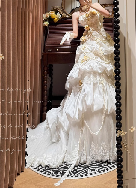 French retro corset 3D floral cake dress wedding gown P2686