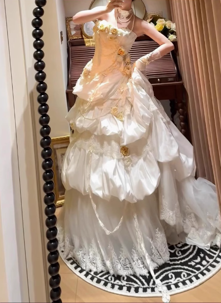 French retro corset 3D floral cake dress wedding gown P2686