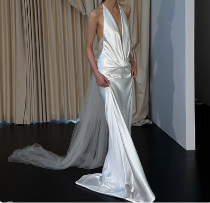 Simple French off-shoulder deep V-neck silk wedding dress with bare shoulders and back P2689