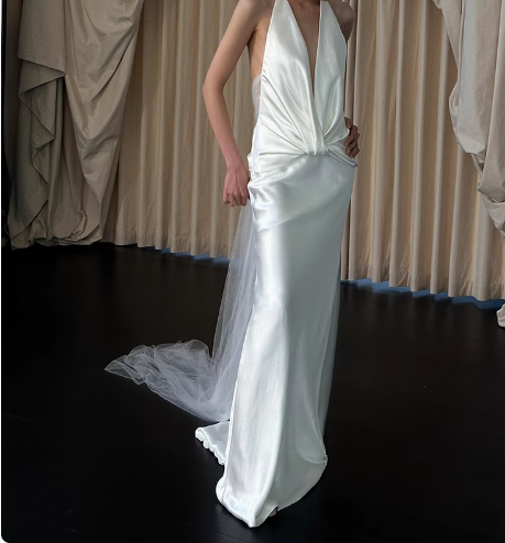 Simple French off-shoulder deep V-neck silk wedding dress with bare shoulders and back P2689