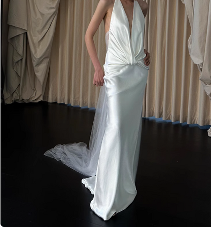 Simple French off-shoulder deep V-neck silk wedding dress with bare shoulders and back P2689