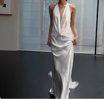 Simple French off-shoulder deep V-neck silk wedding dress with bare shoulders and back P2689