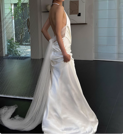 Simple French off-shoulder deep V-neck silk wedding dress with bare shoulders and back P2689