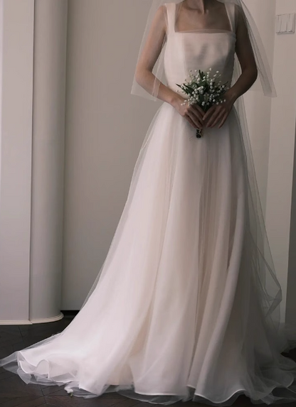 Simple strap white A-line sheer backless wedding dress P2690