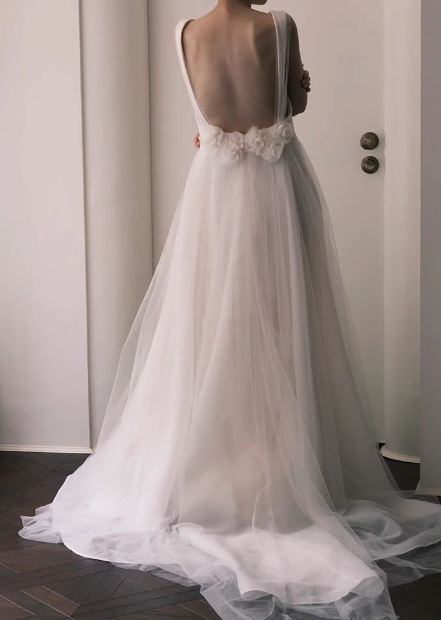 Simple strap white A-line sheer backless wedding dress P2690