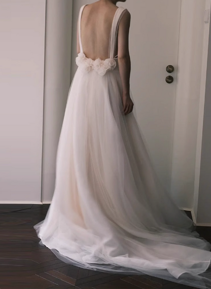 Simple strap white A-line sheer backless wedding dress P2690