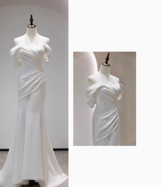 Simple and slim-fitting off-shoulder satin mermaid wedding dress P2691