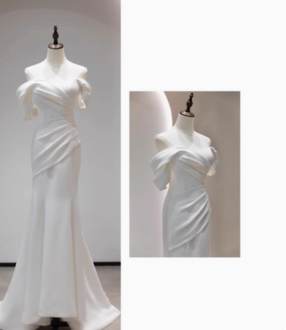 Simple and slim-fitting off-shoulder satin mermaid wedding dress P2691