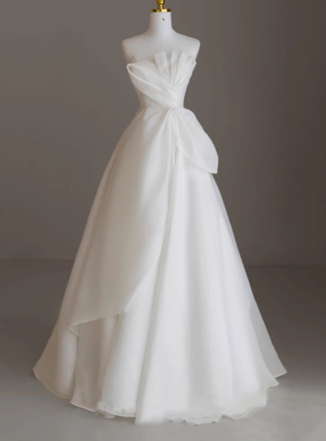 French-style strapless white gauze simple A-line wedding dress to the floor P2692