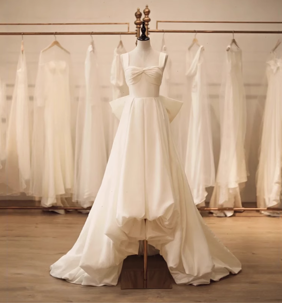 White princess strap satin backless bow high low wedding dress P2693