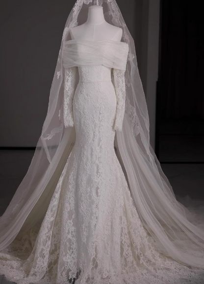 French lace off-the-shoulder white mermaid train wedding gown P2694