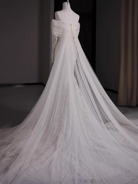 French lace off-the-shoulder white mermaid train wedding gown P2694