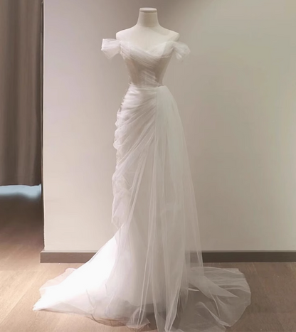 Elegant minimalist off-shoulder sheer white mermaid wedding dress P2695