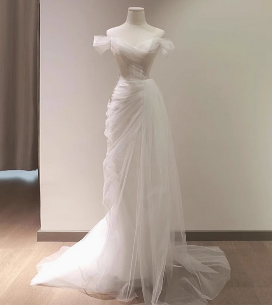 Elegant minimalist off-shoulder sheer white mermaid wedding dress P2695