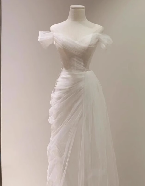 Elegant minimalist off-shoulder sheer white mermaid wedding dress P2695
