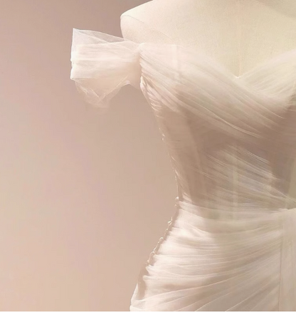 Elegant minimalist off-shoulder sheer white mermaid wedding dress P2695