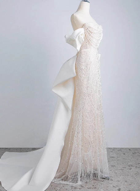 Shimmering Mermaid Beaded Off-the-Shoulder Bow Princess Wedding Gown P2696