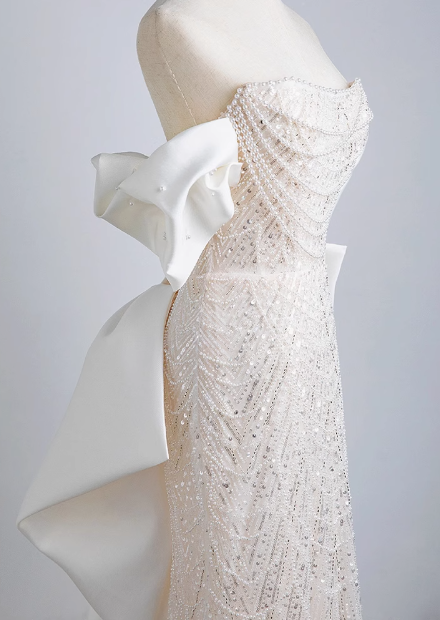 Shimmering Mermaid Beaded Off-the-Shoulder Bow Princess Wedding Gown P2696