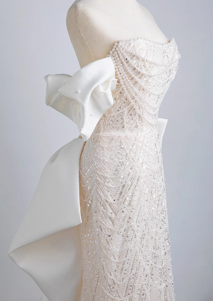 Shimmering Mermaid Beaded Off-the-Shoulder Bow Princess Wedding Gown P2696