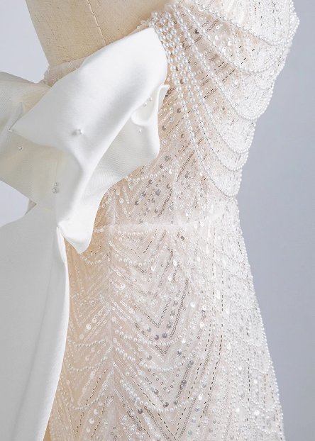 Shimmering Mermaid Beaded Off-the-Shoulder Bow Princess Wedding Gown P2696
