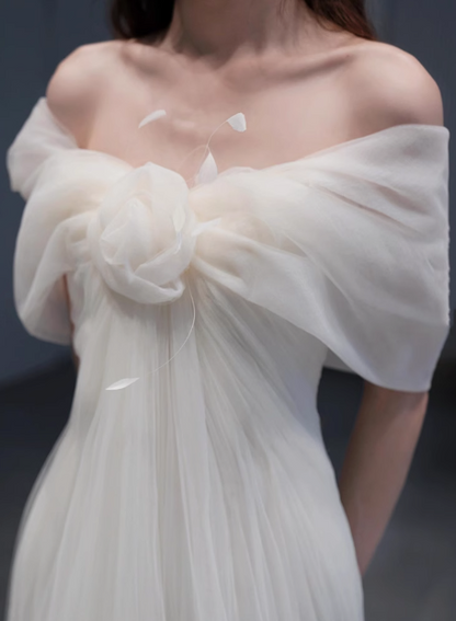 Elegant White One Shoulder Simple A-Line Tulle Wedding Dress P2697