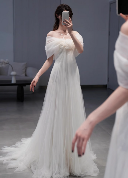 Elegant White One Shoulder Simple A-Line Tulle Wedding Dress P2697