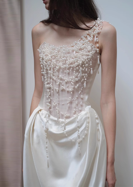 White One Shoulder Beaded Satin French Light Wedding Dress P2698