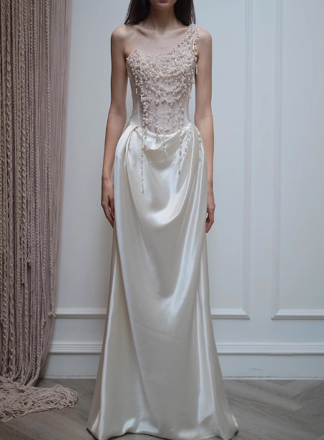 White One Shoulder Beaded Satin French Light Wedding Dress P2698