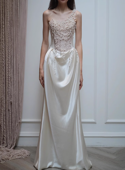 White One Shoulder Beaded Satin French Light Wedding Dress P2698