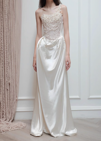 White One Shoulder Beaded Satin French Light Wedding Dress P2698