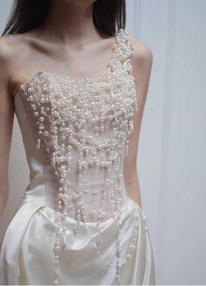 White One Shoulder Beaded Satin French Light Wedding Dress P2698