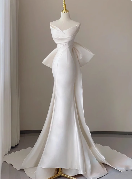 French Simple Strapless Satin Bow Mermaid Wedding Dress P2700
