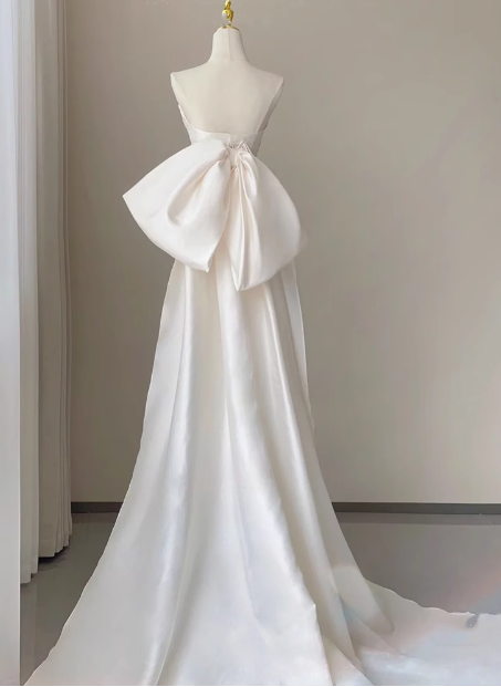 French Simple Strapless Satin Bow Mermaid Wedding Dress P2700