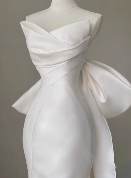 French Simple Strapless Satin Bow Mermaid Wedding Dress P2700