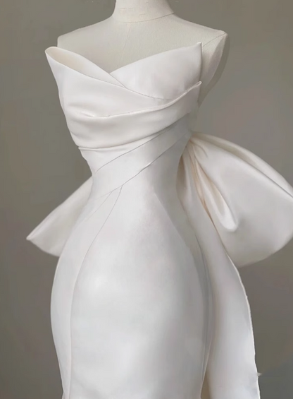 French Simple Strapless Satin Bow Mermaid Wedding Dress P2700