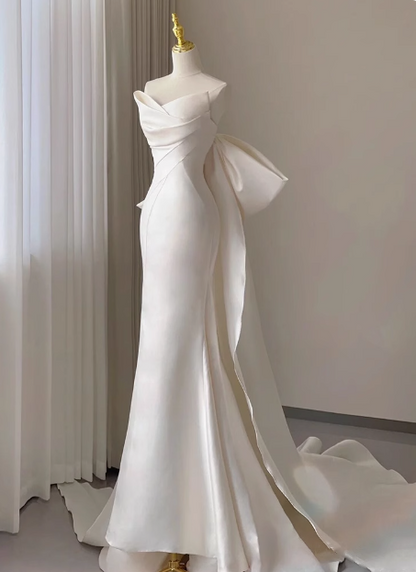 French Simple Strapless Satin Bow Mermaid Wedding Dress P2700