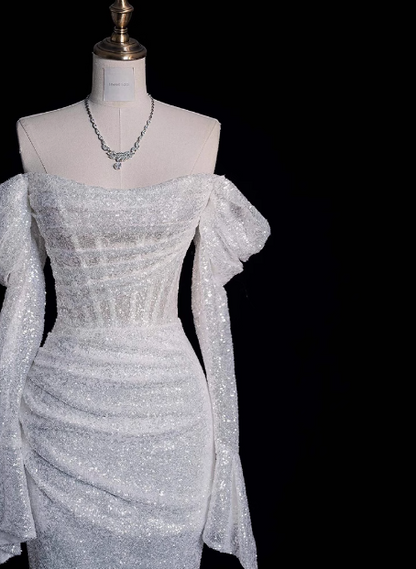 Sparkling Mermaid Off-the-shoulder Long-sleeved Wedding Dress P2701