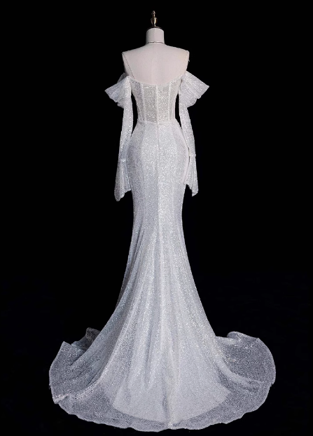 Sparkling Mermaid Off-the-shoulder Long-sleeved Wedding Dress P2701
