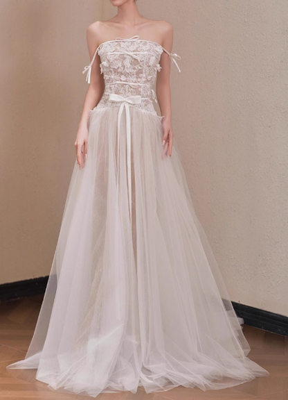 Elegant off-the-shoulder white lace tulle floor-length wedding dress P2702