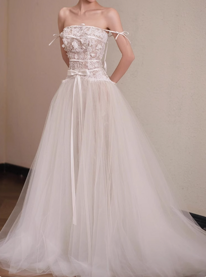 Elegant off-the-shoulder white lace tulle floor-length wedding dress P2702