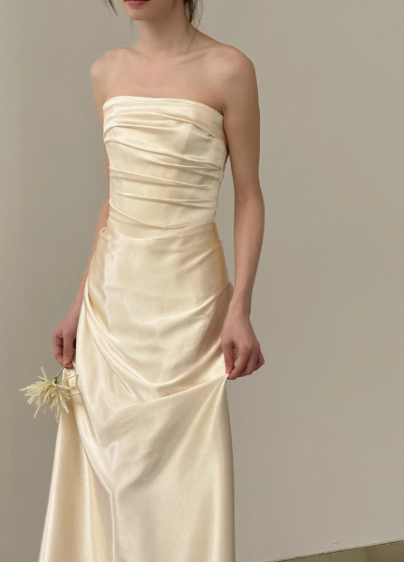 Simple champagne off-shoulder satin fishtail wedding dress with train P2704
