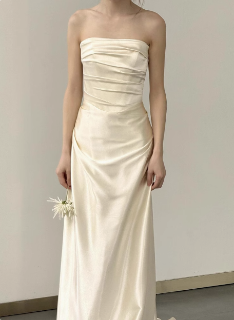 Simple champagne off-shoulder satin fishtail wedding dress with train P2704