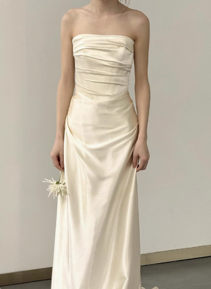 Simple champagne off-shoulder satin fishtail wedding dress with train P2704